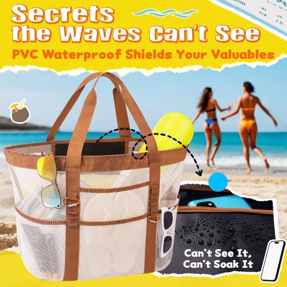 Large Mesh Beach Bag WomenXXL Capacity Sand-Free Foldable Lightweight - Picture 6 of 7